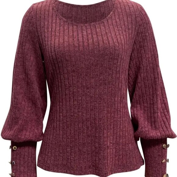 Women's Ribbed Knit Top with Button Accents - Burgundy - Picture 2 of 5